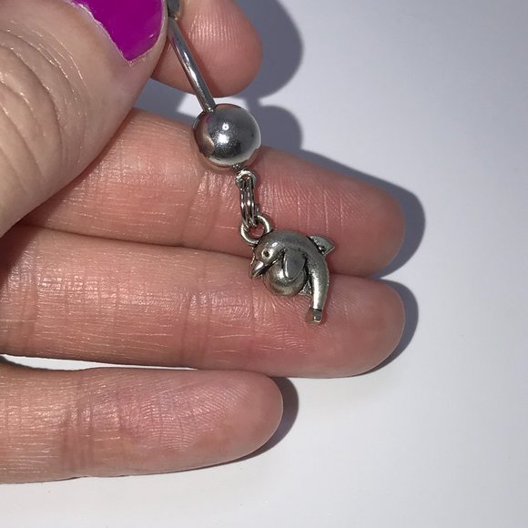 Aqua Blue Dolphin with Ball Dangle Belly Ring - Picture 3 of 16